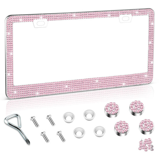 Picture of Amiss Bling License Plate Frame for Women, 1Pack Rhinestone Handcrafted Crystal Premium Stainless Steel, Stainless Steel Car Accessories with Diamond Sparkle Glitter Caps (Pink)