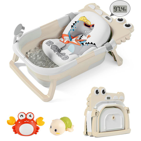Picture of TPN Collapsible Baby Bathtub for Infants to Toddler with Real-time Temp Monitor+Floating Cushion,Foldable Baby Bath Tub Set Applicable 0-36 Month,Perfect Portable Travel Baby Tub for Newborns Boy