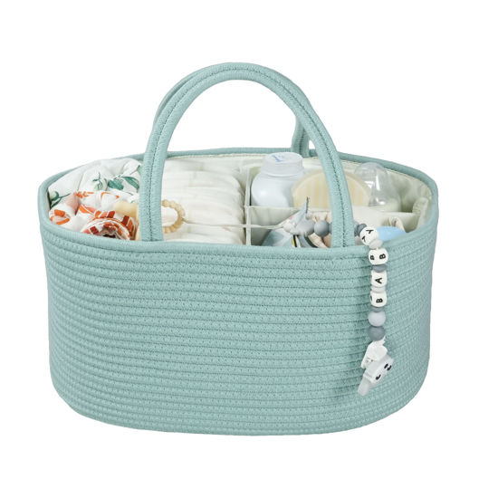 Picture of Large Baby Diaper Caddy Organizer for Girl Boy Rope Nursery Storage Bin Basket Portable Holder Tote Bag for Changing Table Car Travel Baby Shower Gifts Newborn Essentials Registry Must Have Green