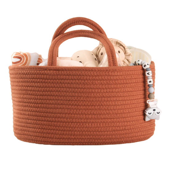 Picture of Baby Diaper Caddy Organizer for Girl Boy Cotton Rope Nursery Storage Bin Basket Portable Holder Tote Bag for Changing Table Car Travel Baby Shower Gifts Newborn Essentials Registry Must Have Rust
