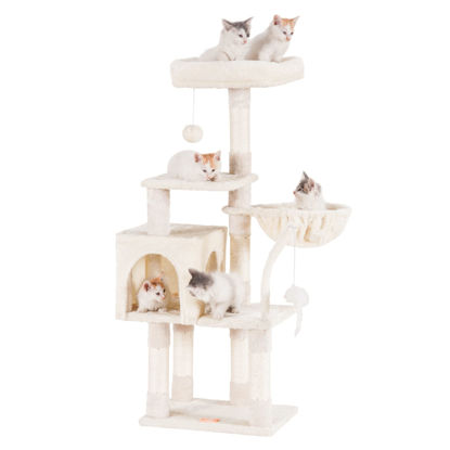Picture of Heybly Cat Tree with Toy, Cat Tower condo for Indoor Cats, Cat House with Padded Plush Perch, Cozy Hammock and Sisal Scratching Posts, Beige HCT004SM