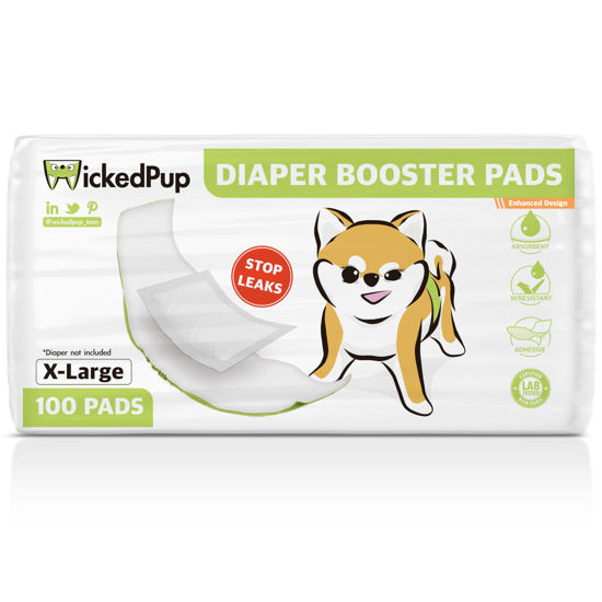 Picture of WICKEDPUP Dog Diaper Liners Booster Pads for Male and Female Dogs, 100ct | Disposable Diaper Inserts fit Most Reusable Pet Belly Bands, Wraps, and Washable Period Panties (X-Large (100 Count))