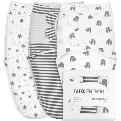 Picture of GLLQUEN BABY Swaddle Blankets for Baby Boy Girl, 3-6 Months, Gray Elephant Star & Stripe, 3 Pack Wrap Set, Newborn Adjustable Swaddles Sleep Sack,(Medium/Large)
