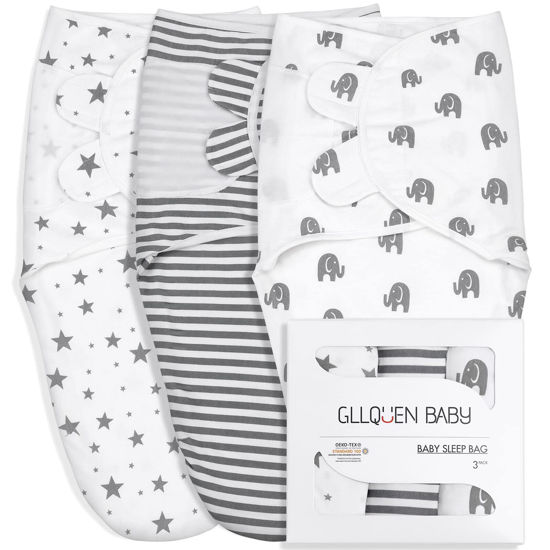 Picture of GLLQUEN BABY Swaddle Blankets for Baby Boy Girl, 3-6 Months, Gray Elephant Star & Stripe, 3 Pack Wrap Set, Newborn Adjustable Swaddles Sleep Sack,(Medium/Large)
