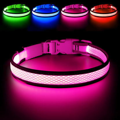 Picture of Flashseen LED Dog Collar, USB Rechargeable Light Up Dog Collar Lights, Adjustable Comfortable Soft Mesh Safety Dog Collar for Small, Medium, Large Dogs(Large, Candy Pink)