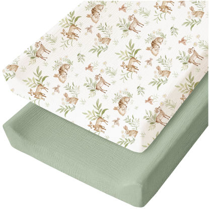 Picture of Konssy 2 Pack Muslin Changing Pad Cover for Baby Girls Boys 100% Cotton Fitted Diaper Changing Table Cover Set, Soft Changing Pad Sheets (Woodland,Sage)