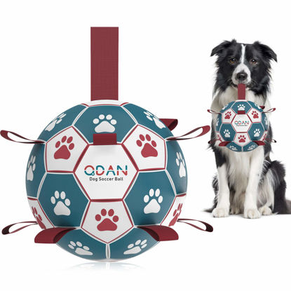 Picture of QDAN Dog Toys Soccer Ball with Straps, Interactive Toys for Tug of War, Puppy Birthday Toy, Dog Water Toy, Dog Balls for Small Medium Dog (6 Inch)