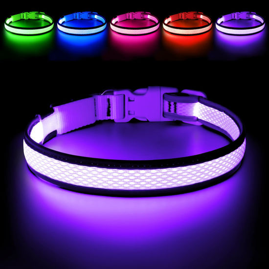 Picture of Flashseen LED Dog Collar, Light Up Dog Collar Light USB Rechargeable, Adjustable Comfortable Soft Mesh Safety Dog Collar for Small, Medium, Large Dogs(Large, Purple)