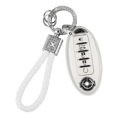 Picture of PIFOOG Car Key Cover for Nissan 5 Buttons Keys Fob Case TPU Bling Keychain for Nissan Altima Sentra Rogue Pathfinder Murano Armada Maxima Versa Girly Women White Silver