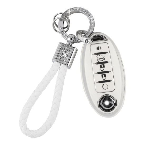 Picture of PIFOOG Car Key Cover for Nissan 5 Buttons Keys Fob Case TPU Bling Keychain for Nissan Altima Sentra Rogue Pathfinder Murano Armada Maxima Versa Girly Women White Silver