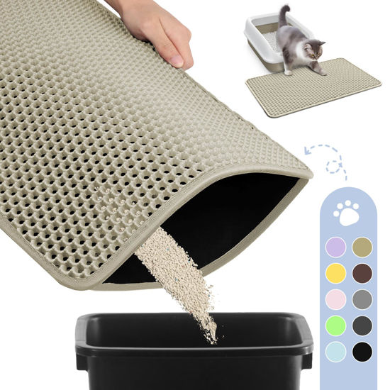 Picture of Cat Litter Mat - 23.2'' x 14.6'' Small Litter Trapping Mat, Easy to Clean Litter Box Mat, Waterproof, Urine-Proof, Non-Slip Kitty Litter Mats for Floor, Beige