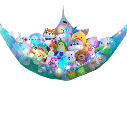 Picture of Unicorn Castle Stuffed Animal Net Hammock Kids Toy Storage with LED Light Plush Toy Organizer Corner Hanging Stuffed Animal Holder For Nursery Kids Girls Room Decor