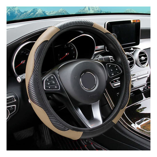Picture of Car Steering Wheel Cover, Universal Microfiber PU Leather Elastic 15 inch Stitching Color Anti-Slip Steering Wheel Protector, Car Interior Accessories for Men Women (Black/Beige)