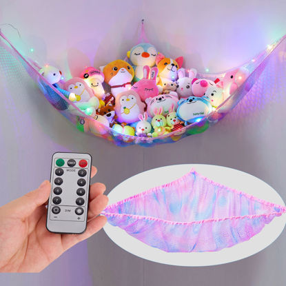 Picture of Unicorn Castle Stuffed Animal Net Hammock Kids Toy Storage with LED Light Plush Toy Organizer Corner Hanging Stuffed Animal Holder For Nursery Kids Girls Room Decor
