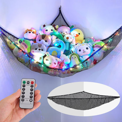 Picture of Unicorn Castle Stuffed Animal Net Hammock Kids Toy Storage with LED Light Plush Toy Organizer Corner Hanging Stuffed Animal Holder For Nursery Kids Girls Room Decor