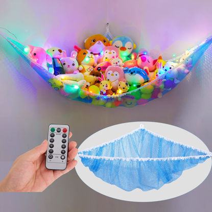 Picture of Unicorn Castle Stuffed Animal Net Hammock Kids Toy Storage with LED Light Plush Toy Organizer Corner Hanging Stuffed Animal Holder For Nursery Kids Girls Room Decor