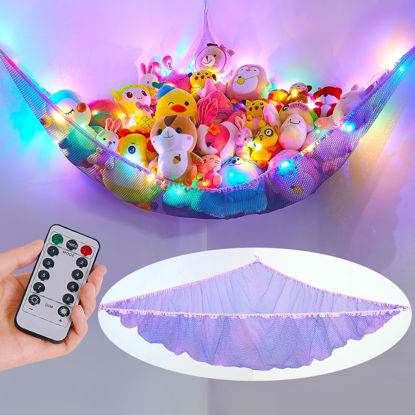 Picture of Unicorn Castle Stuffed Animal Net Hammock Kids Toy Storage with LED Light Plush Toy Organizer Corner Hanging Stuffed Animal Holder For Nursery Kids Girls Room Decor