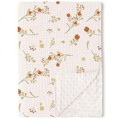 Picture of Konssy Baby Blankets for Unisex Boys Girls, Super Soft Nursery Minky Blankets with Muslin Cotton Front and Dotted Fleece Backing, Printed Bed Throws Newborn