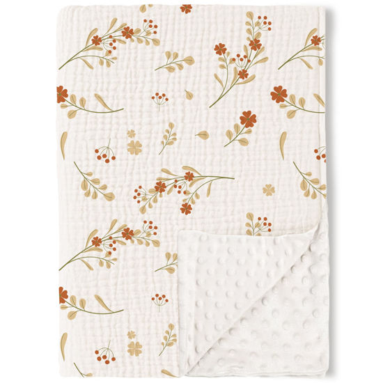 Picture of Konssy Baby Blankets for Unisex Boys Girls, Super Soft Nursery Minky Blankets with Muslin Cotton Front and Dotted Fleece Backing, Printed Bed Throws Newborn