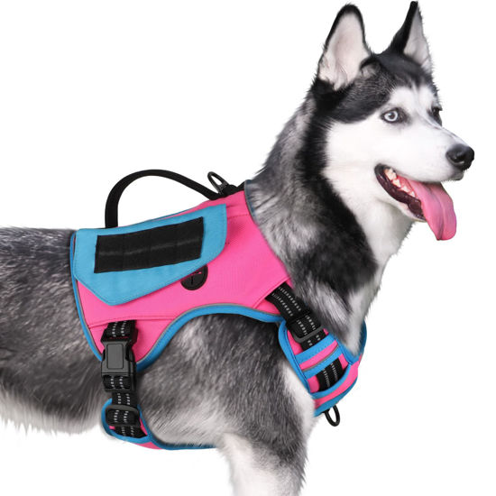 Picture of WINGOIN Tactical Dog Harness for Small Dogs, No Pull Harness with Handle Pockets Poop Bag, Reflective Dog Vest, Military Service Heavy Duty Big Dog Harness for Walking Hiking Training, Pink Blue, S