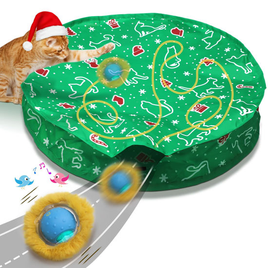 Picture of Giociv Interactive Cat Toys Ball Fast Rolling in Christmas Pocket, Motion Activate Chirping Cat Toy Hide and Seek Mouse Catching Game (Christmas Party)