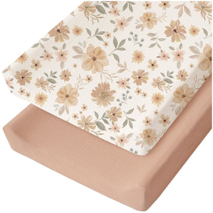 Picture of Konssy 2 Pack Muslin Changing Pad Cover for Baby Girls Boys 100% Cotton Fitted Diaper Changing Table Cover Set, Soft Changing Pad Sheets (Toffee,Flourish)