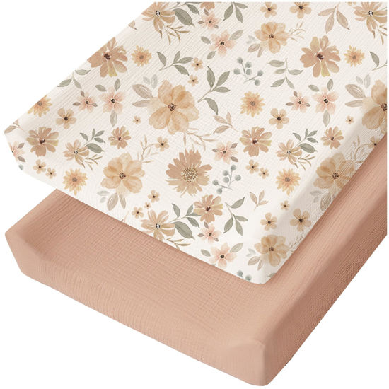 Picture of Konssy 2 Pack Muslin Changing Pad Cover for Baby Girls Boys 100% Cotton Fitted Diaper Changing Table Cover Set, Soft Changing Pad Sheets (Toffee,Flourish)