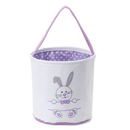 Picture of Easter Bucket for Kids, Canvas Easter Bunny Basket, Bunny Face Print Basket, Easter Basket with Handle for Easter Egg Hunts, Tote Bag for Easter Party Gifts (Purple)