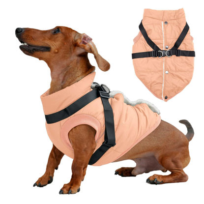 Picture of JoyDaog Dog Jacket with Harness,Fleece Lined Warm Puppy Coat for Winter,Soft Windproof Medium Dog Vest,LightOrange XL