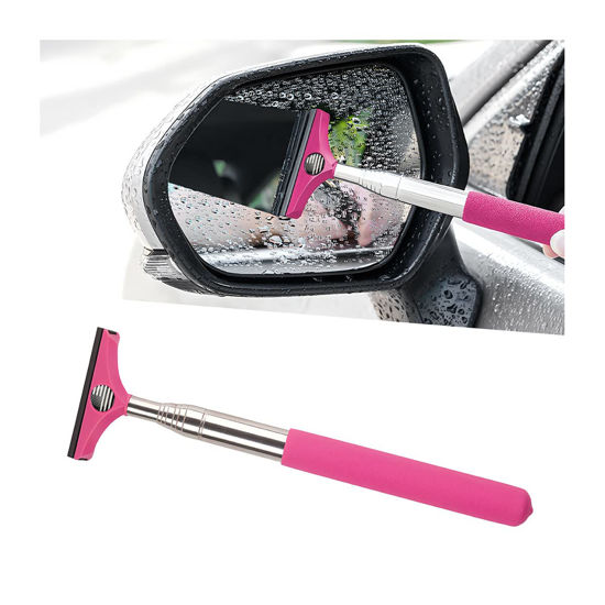Picture of 8sanlione Car Rearview Mirror Wiper, American Flag Telescopic Auto Mirror Squeegee Cleaner, Glass Mist Cleaning Tool with Retractable 98cm Handle, Portable Car Windows Water Removal (Pink/Black Flag)