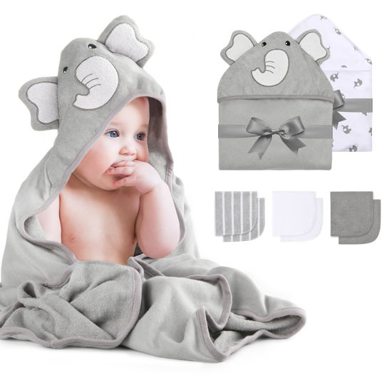 Picture of Momcozy Cute Elephant Hooded Baby Towel- 8 Piece Bath Essential, 2 x Towels and 6 x Wash Cloth Set- Perfect Shower Gift for Boys or Girls - Soft and Comfort for Newborn, Infant and Toddler