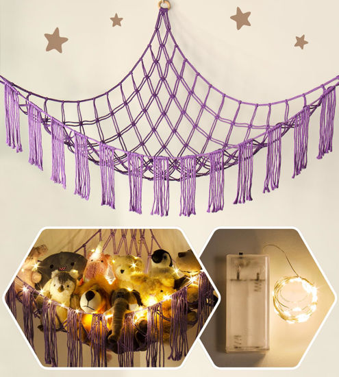 Picture of Stuffed Animal Hammock Corner with LED Light - Toy Storage Hammock Plushie Net Organizer - Teddy Bear Stuffy Hammock - Purple Nursery Decor Baby Kids Bedroom Nursery Furniture