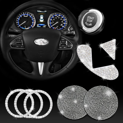 Picture of JINGSEN Bling Car Steering Wheel Decorative Diamond Sticker for Infiniti Interior Accessories for Q50 Q50L QX50 QX70 G35 G37, Bling Car Accessories Emblem Cover,with 2 Pack Silicone Car Coasters