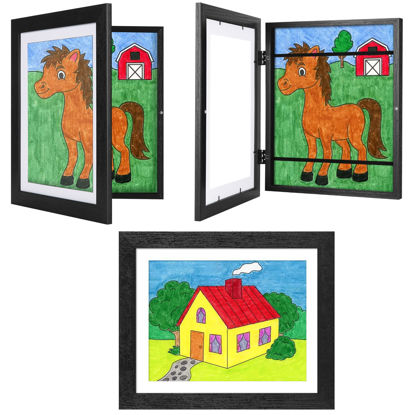 Picture of JDZIVTOP 3-Pack Black Woodgrain Kids Art Frames - 10x12.5 with Mat, 8.5x11 Without Mat, Changeable Front Opening, Holds Drawings, Crafts, Artwork