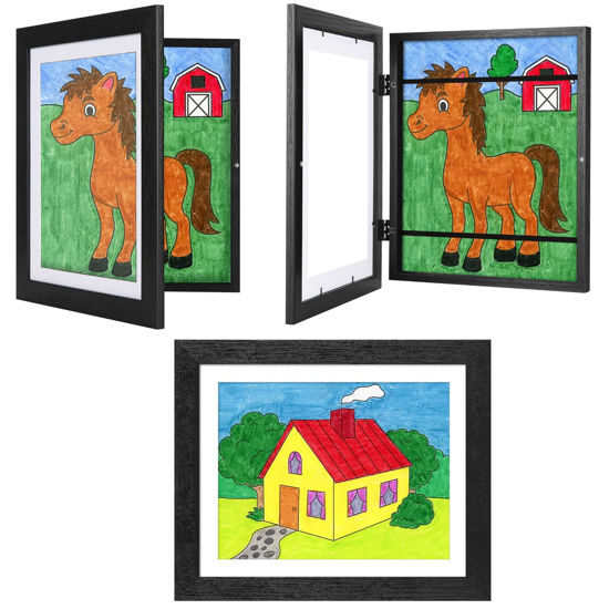 Picture of JDZIVTOP 3-Pack Black Woodgrain Kids Art Frames - 10x12.5 with Mat, 8.5x11 Without Mat, Changeable Front Opening, Holds Drawings, Crafts, Artwork