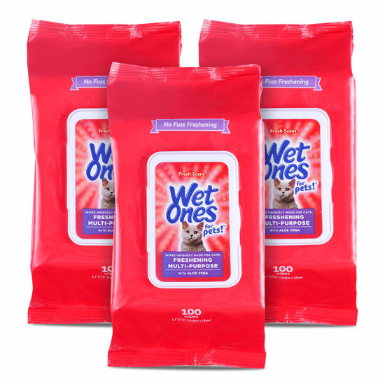 Picture of Wet Ones for Pets Freshening Multipurpose Wipes for Cats With Aloe Vera, 100 ct - 3 Pack | Easy to Use Cat Cleaning Wipes, Freshening Cat Grooming Wipes for Pet Grooming in Fresh Scent| Cat Wipes