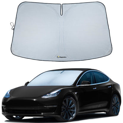 Picture of Magnelex Tesla Windshield Sun Shade (Model 3/Y), Reflective Polyester Blocks Heat & Sun, Foldable Car Window Sun Blocker, Mirror Cut-Out, Fade-Resistant Sunshade, Tesla 3 Accessories