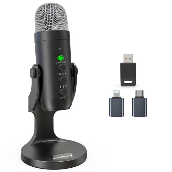 Picture of ZealSound Wireless Microphone,USB Mic for iPhone PC iPad Android Phone-Cordless Condenser Desktop Microphones with Mute Echo Monitor Volume Gain Bluetooth 2.4GHz for Podcast,ASMR,Gaming,YouTube Video