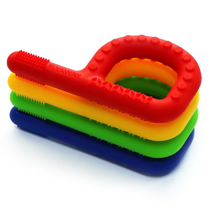 Picture of Sensory Chew Toys for Kids 4 Pack, Teething Tubes for Babies Toddlers Soft Silicone Teether Toys, Chew Sticks Sensory Chewing Necklaces for ADHD/SPD/Anxiety/Autism, Refrigerator and Dishwasher Safe