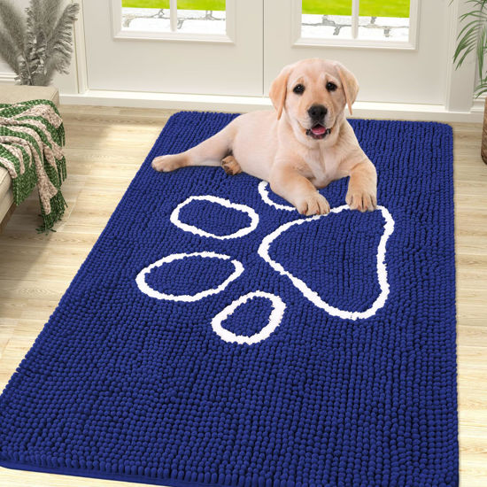 Picture of Smiry Dog Door Mat for Muddy Paws, Absorbent Dirt Trapper Non-Slip Washable Mat, Quick Dry Chenille, Mud Mat for Dogs, Entry Indoor Door Mat for Inside Floor (47x32 Inches, Navy Blue)