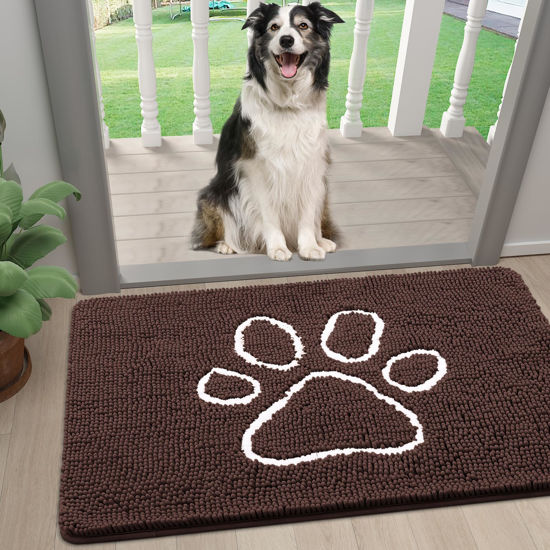 Picture of Smiry Dog Door Mat for Muddy Paws, Absorbent Dirt Trapper Non-Slip Washable Mat, Quick Dry Chenille, Mud Mat for Dogs, Entry Indoor Door Mat for Inside Floor (24x16 Inches, Brown)