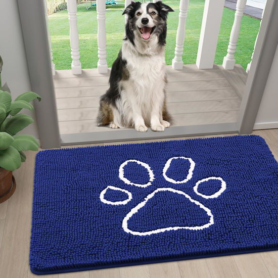 Picture of Smiry Dog Door Mat for Muddy Paws, Absorbent Dirt Trapper Non-Slip Washable Mat, Quick Dry Chenille, Mud Mat for Dogs, Entry Indoor Door Mat for Inside Floor (24x16 Inches, Navy Blue)
