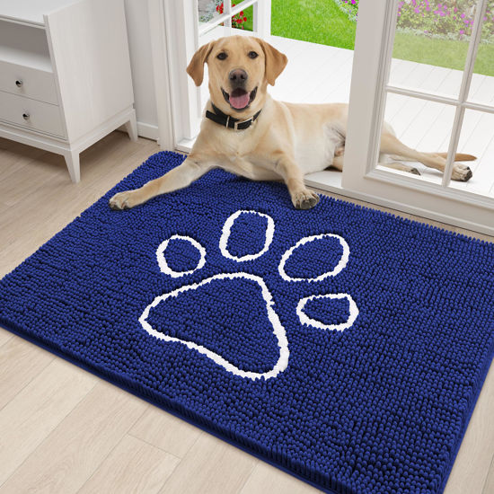 Picture of smiry Dog Door Mat for Muddy Paws, Absorbent Dirt Trapper Non-Slip Washable Mat, Quick Dry Chenille, Mud Mat for Dogs, Entry Indoor Door Mat for Inside Floor (30x20 Inches, Navy Blue)
