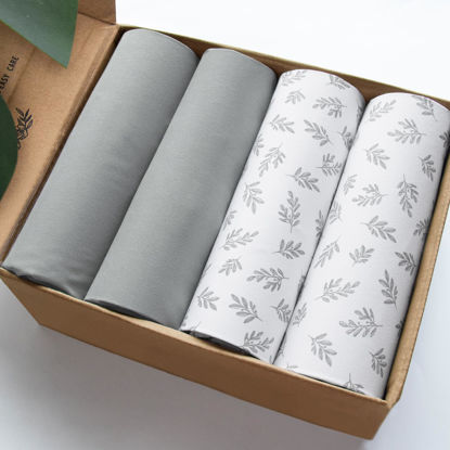 Picture of Mini Crib Sheets 4 Pack for Baby Boys & Girls, Neutral Mini Crib Sheet Fitted 38'' x 24'' for Standard Mini Crib Mattress, Ultra Soft Material Baby Mini Sheet, Grey Leaf