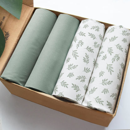Picture of Mini Crib Sheets 4 Pack for Baby Boys & Girls, Neutral Mini Crib Sheet Fitted 52'' x 28'' for Standard Mini Crib Mattress, Ultra Soft Material Baby Mini Sheet, Aqua Leaf