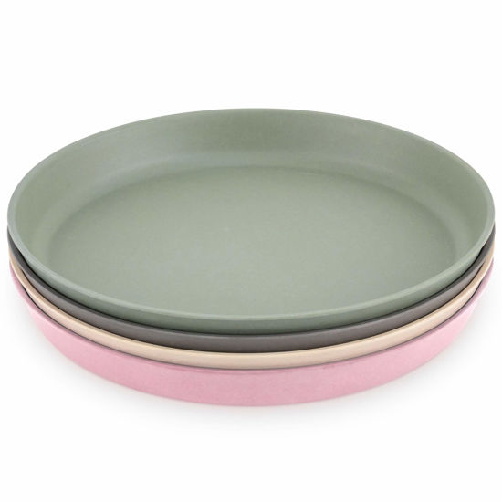 Picture of WeeSprout Bamboo Plates, Set of 4, Kid-Sized Bamboo Kids Plates, Dishwasher Safe Bamboo Plates for Kids (Pink, Green, Gray, & Beige)