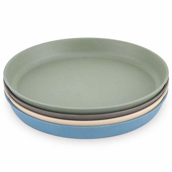 Picture of WeeSprout Bamboo Plates, Set of 4, Kid-Sized Dinnerware, Dishwasher Safe Melamine Dishware (Blue, Green, Gray, & Beige, Without Lids)