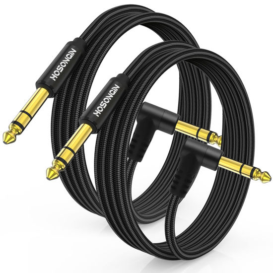 Picture of HOSONGIN 1/4 Inch TRS Instrument Cable 15 feet 2-Pack, Straight-to-Right Angle 6.35mm Male Stereo Audio Cord, Balanced Interconnect Line for Electric Guitar, Bass, Keyboard, Mixer, Amplifier, Speaker