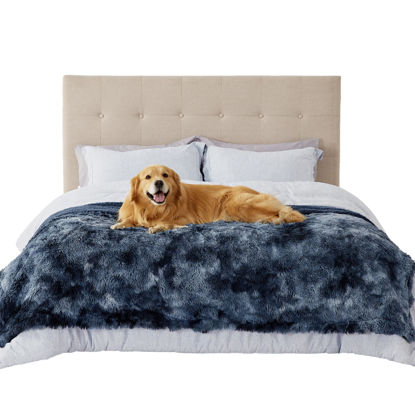 Picture of Bedsure Waterproof Dog Blankets for Large Dogs - Calming Cat Blanket for Bed Couch Protector Washable, Long Faux Fur Pet Throw Blanket for Puppy, Reversible Furniture Protection, 60"x80", Tie-dye Navy