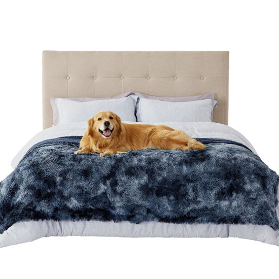 Picture of Bedsure Waterproof Dog Blankets for Large Dogs - Calming Cat Blanket for Bed Couch Protector Washable, Long Faux Fur Pet Throw Blanket for Puppy, Reversible Furniture Protection, 60"x80", Tie-dye Navy